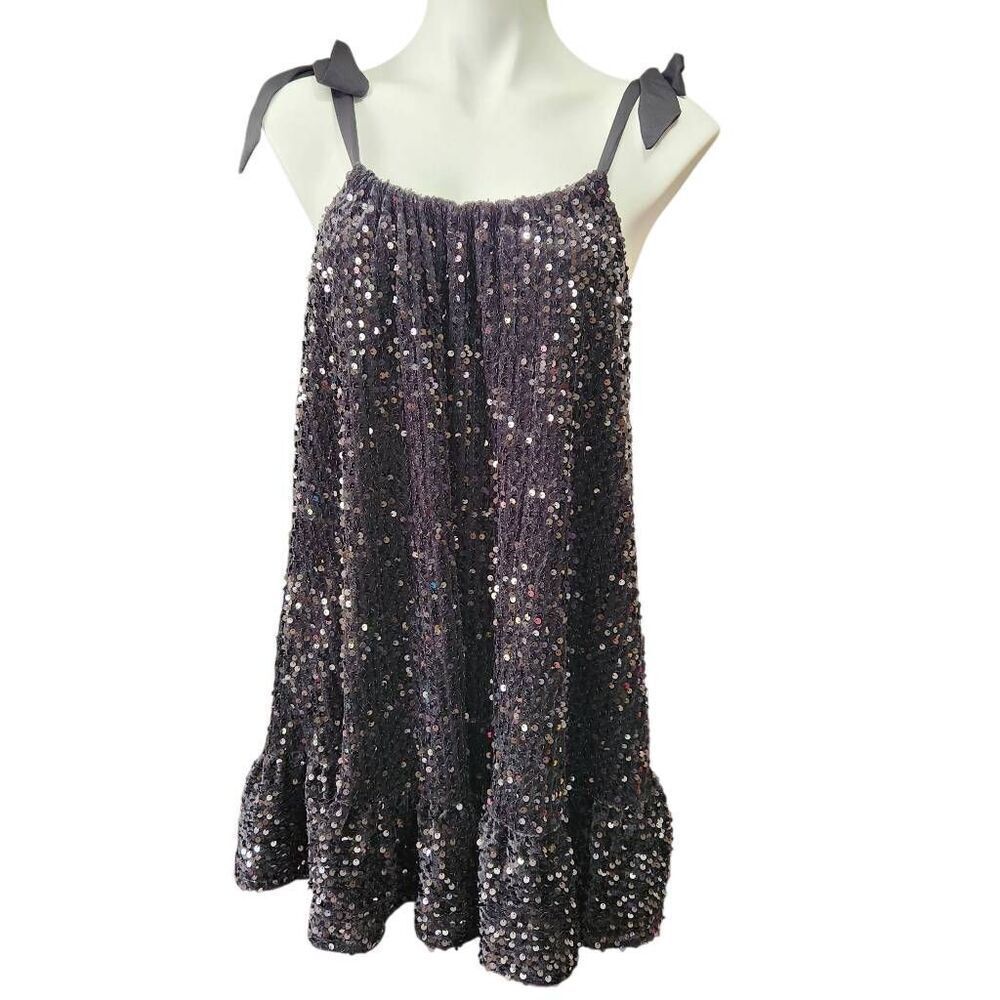 C & V Chelsea & Violet sequin‎ tunic mini top tie shoulder straps black XS